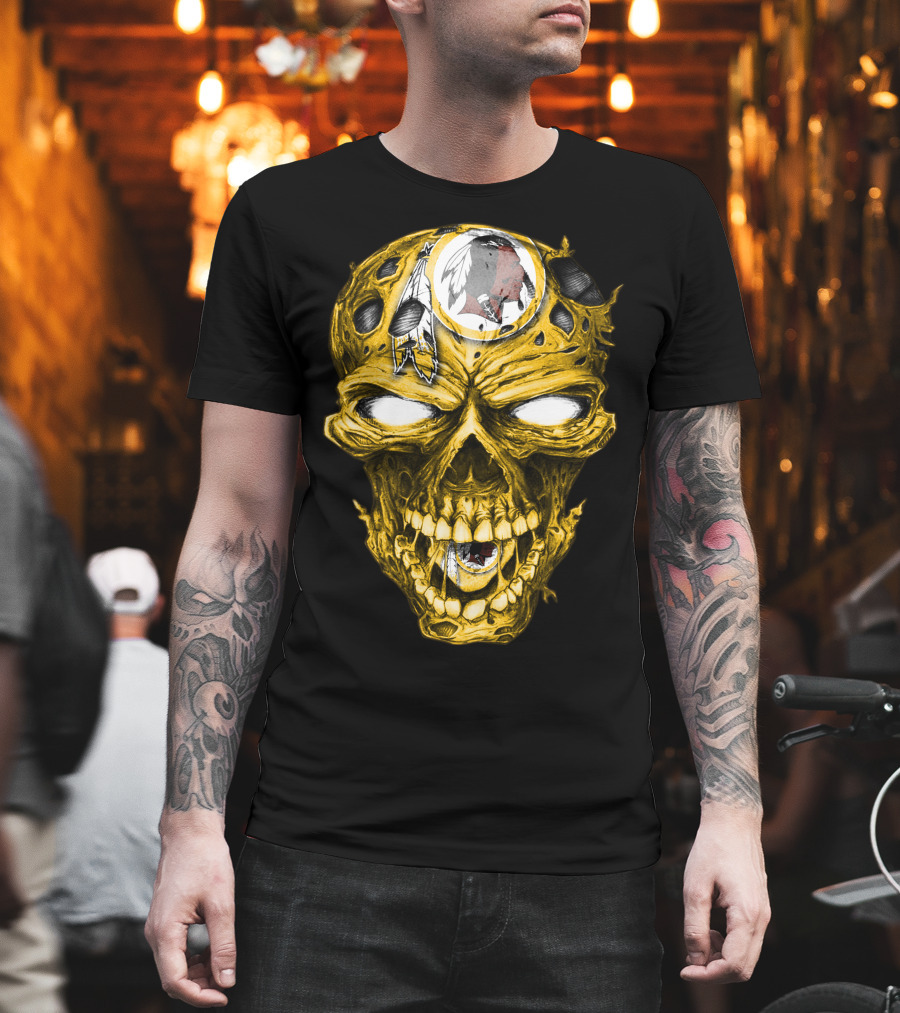 Skull V2 Washington Redskins Logo With Feather Headdress On Yellow Grinning Skull T-Shirt