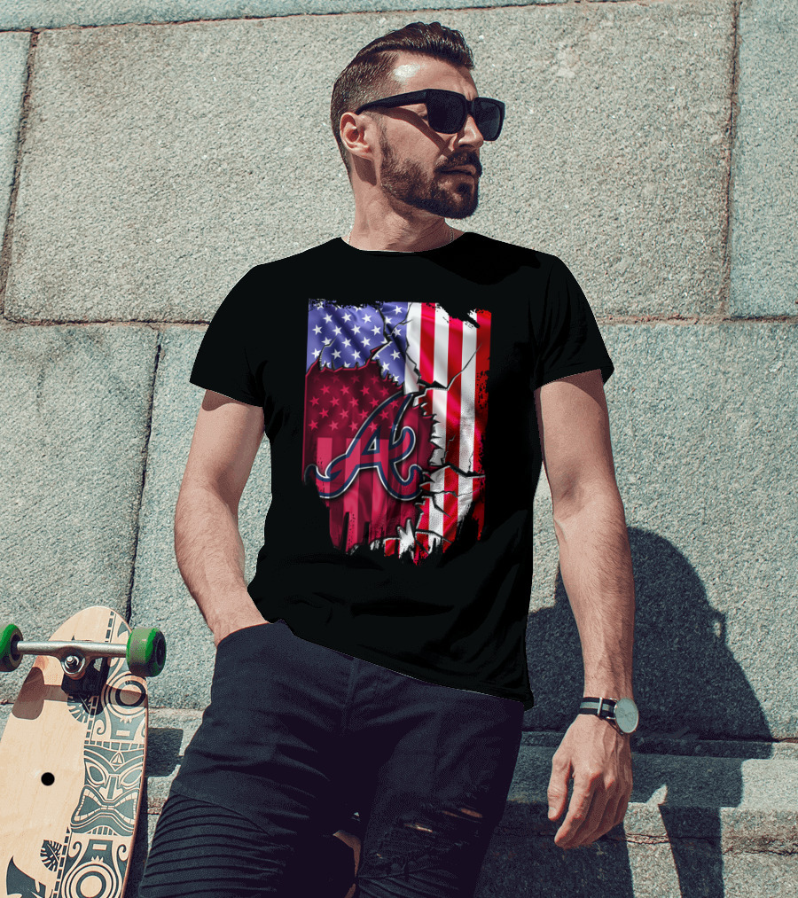 Flag V2 Atlanta Braves American Flag Ripped Baseball T-Shirt