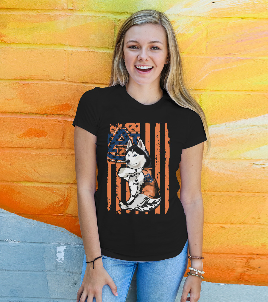 Siberian Husky Auburn Tigers Mom Heart Icon With Orange And Blue Flag T-Shirt