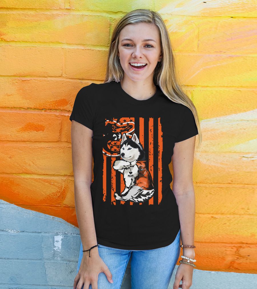 Siberian Husky Baltimore Orioles Dog Mom USA Flag T-Shirt