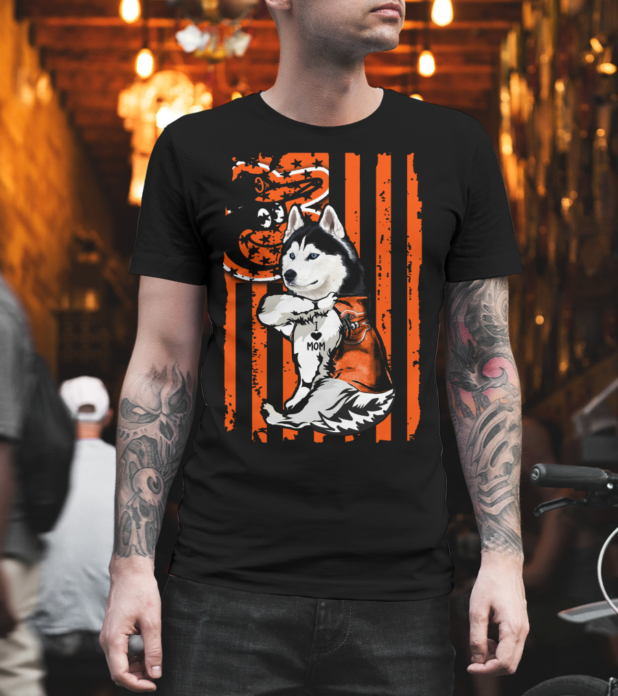 Siberian Husky Baltimore Orioles Dog Mom USA Flag T-Shirt