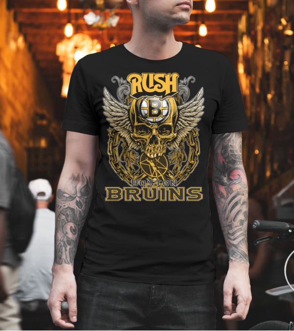 RUSH Boston Bruins Skull Wings Hockey Chains T-Shirt RUSH Boston Bruins Skull Wings Hockey Chains T-Shirt