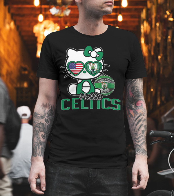 Hello Kitty Boston Celtics USA Heart Patch T-Shirt Hello Kitty Boston Celtics USA Heart Patch T-Shirt