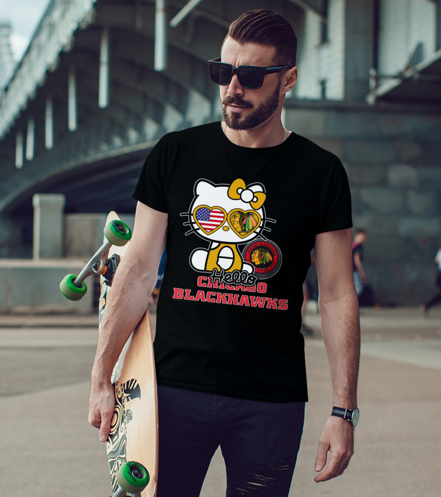 Hello Kitty Chicago Blackhawks American Flag Hockey Fan T-Shirt