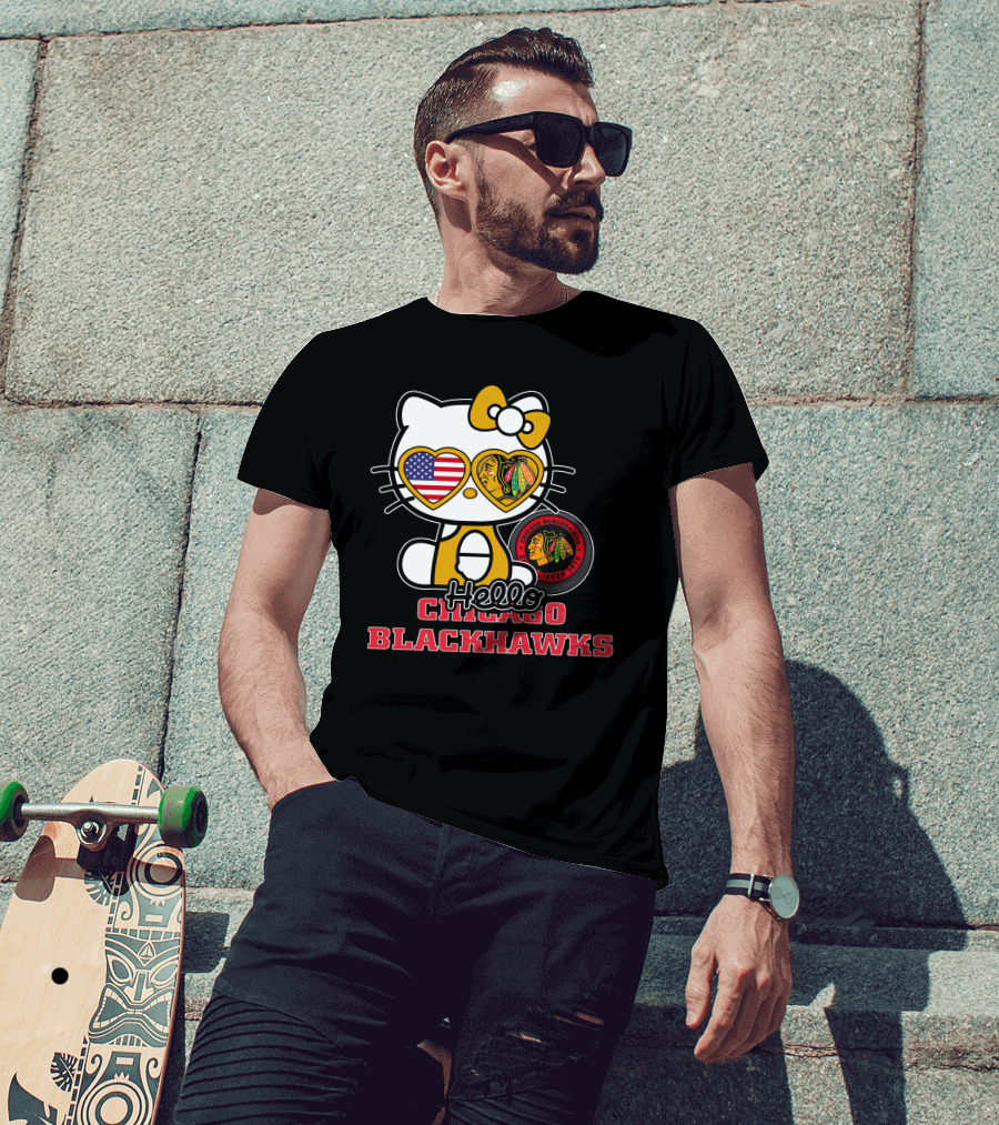 Hello Kitty Chicago Blackhawks American Flag Hockey Fan T-Shirt