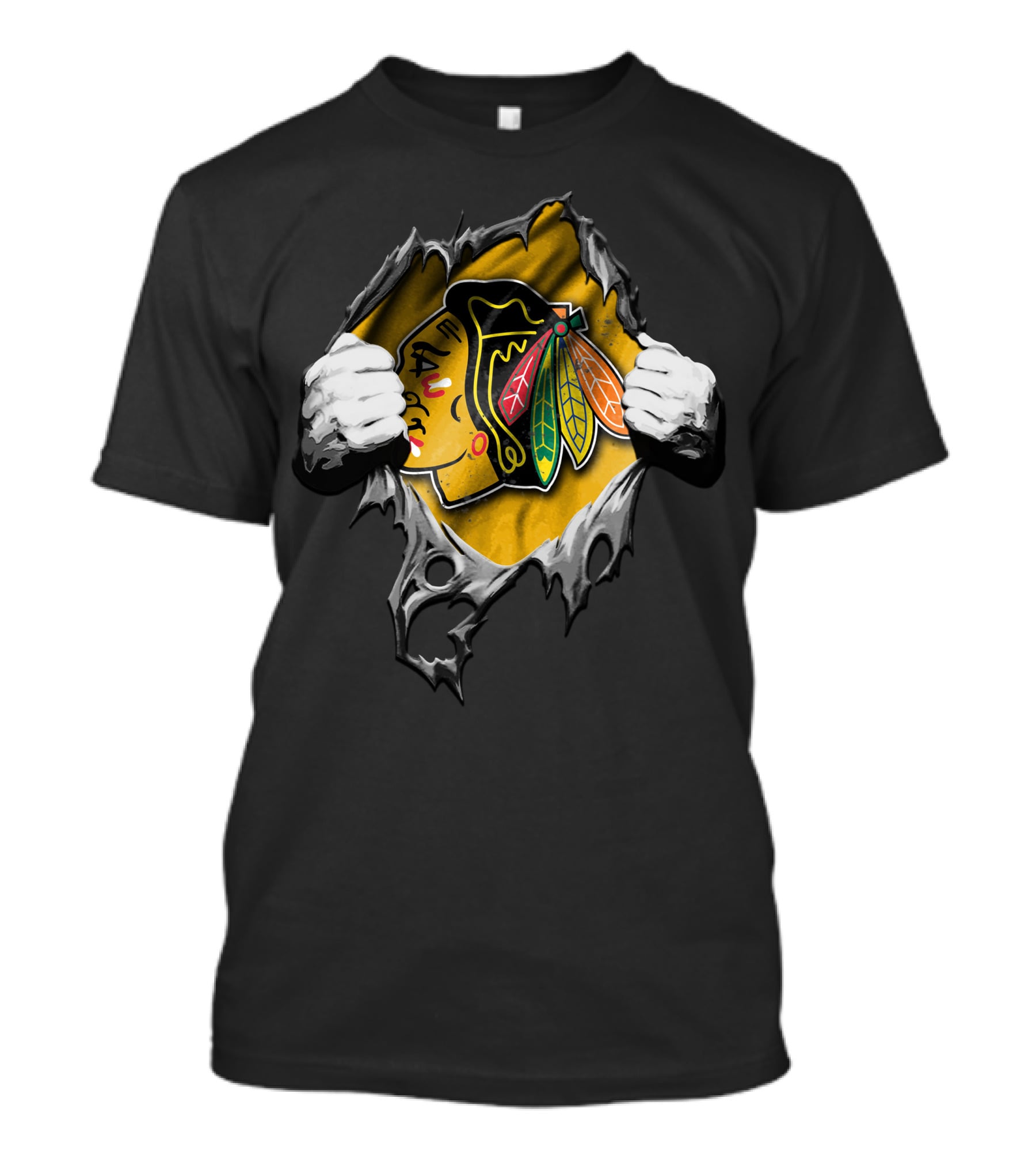 Torn Chicago Blackhawks Logo Peeking Through Ripped Fabric T-Shirt