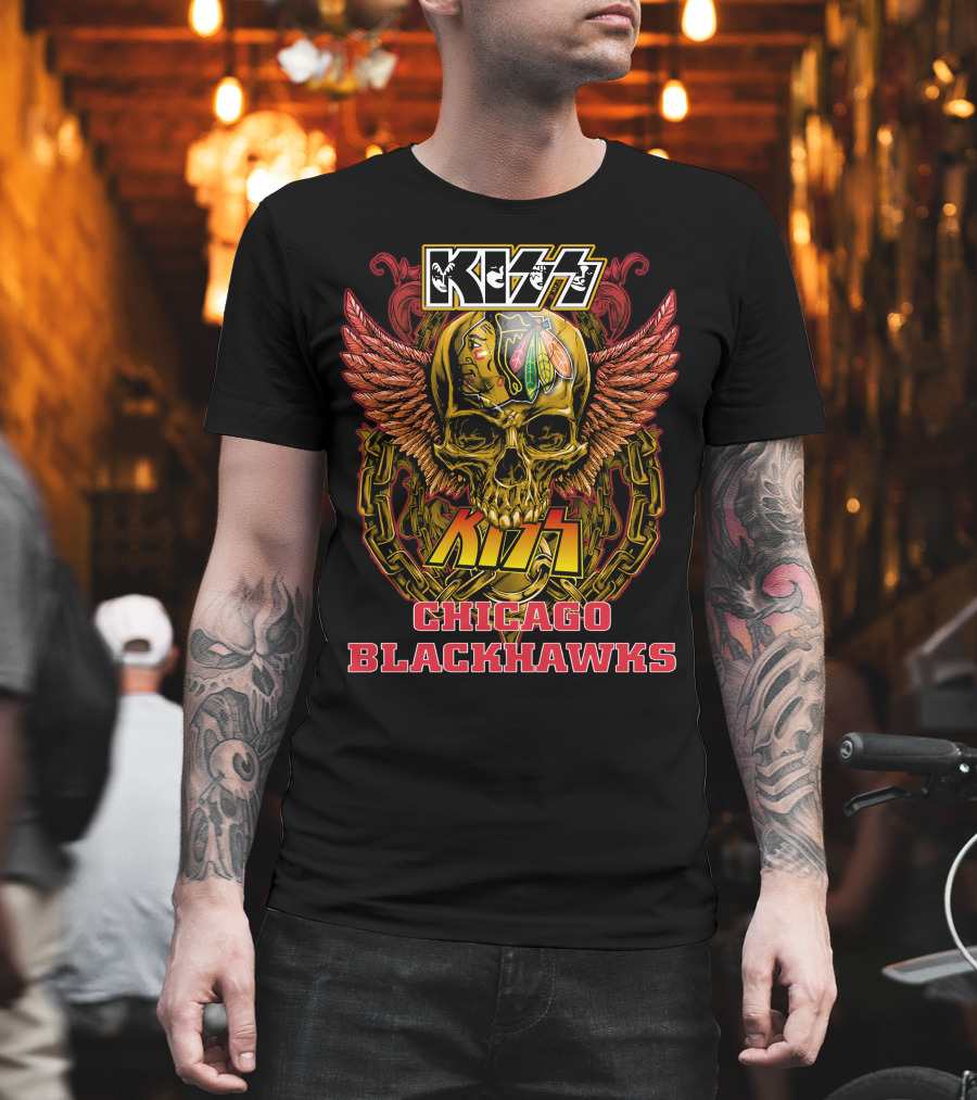 Kiss Chicago Blackhawks Skull With Wings And Chains T-Shirt