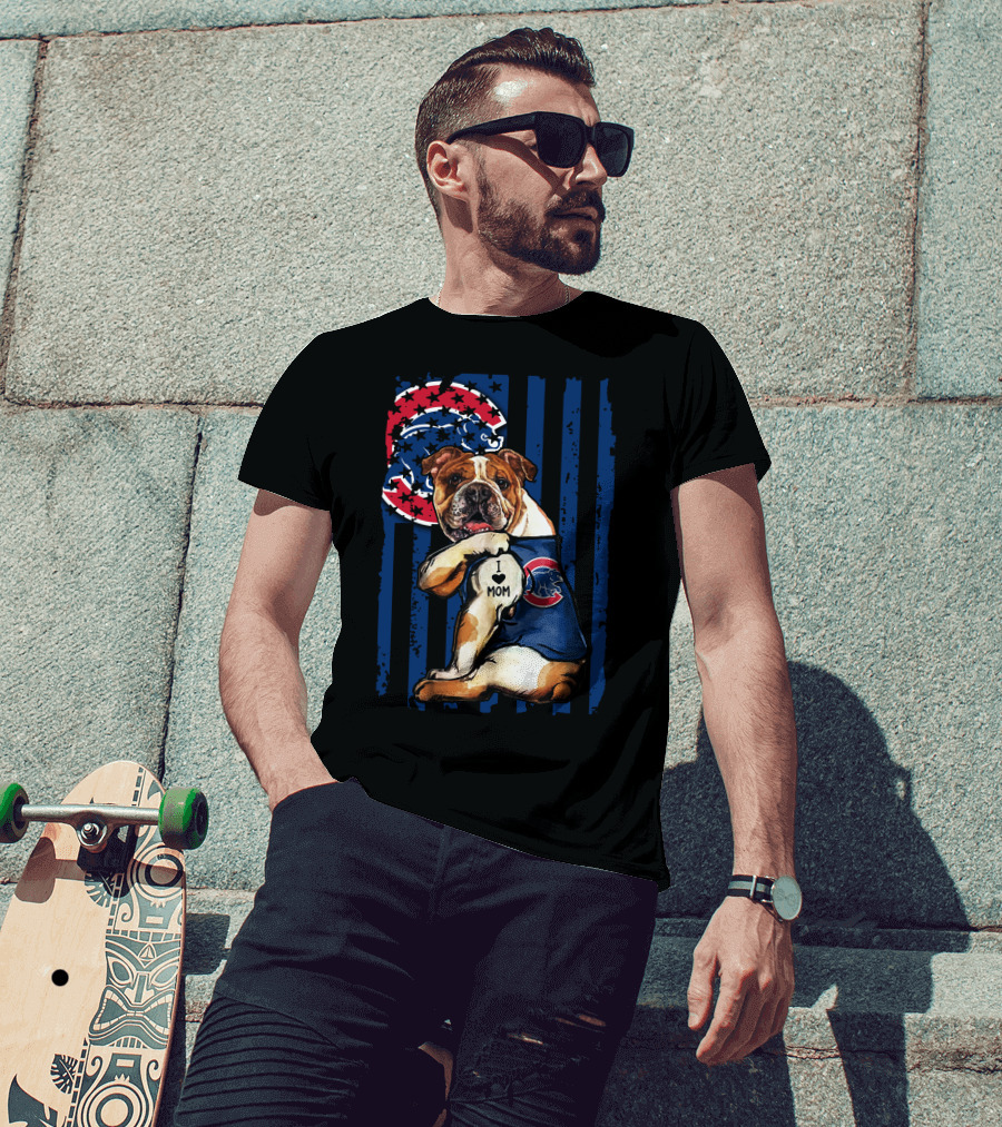 Bulldog I Love Mom Chicago Cubs Logo Star Stripes T-Shirt