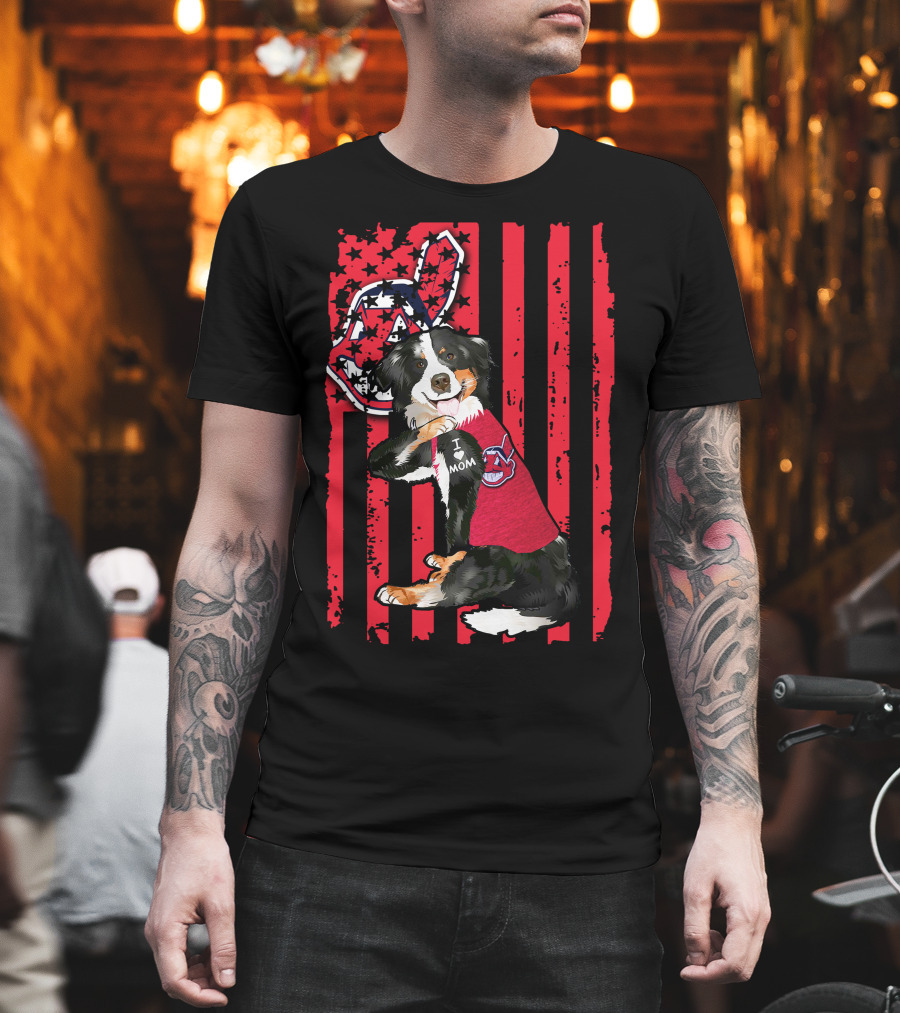 Border Collie American Flag Cleveland Guardians Tattoo I Love Mom T-Shirt