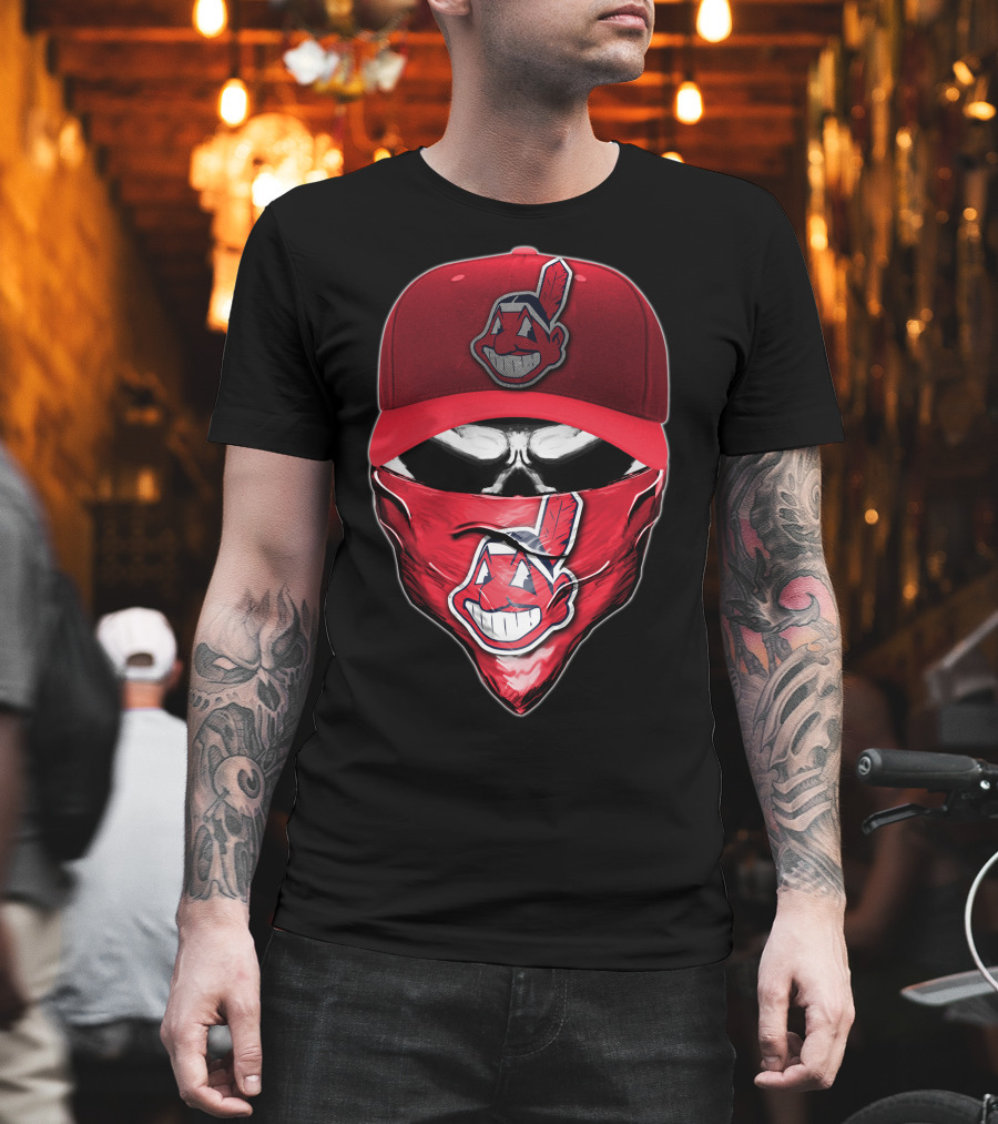 Cleveland Indians Chief Wahoo Skull Mask With Hat And Bandana T-Shirt
