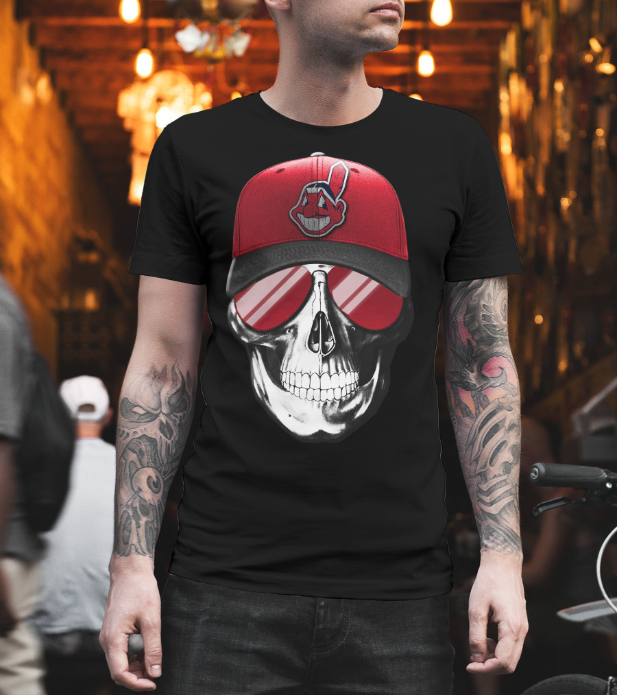 Skull With Cleveland Indians Cap And Sunglasses T-Shirt