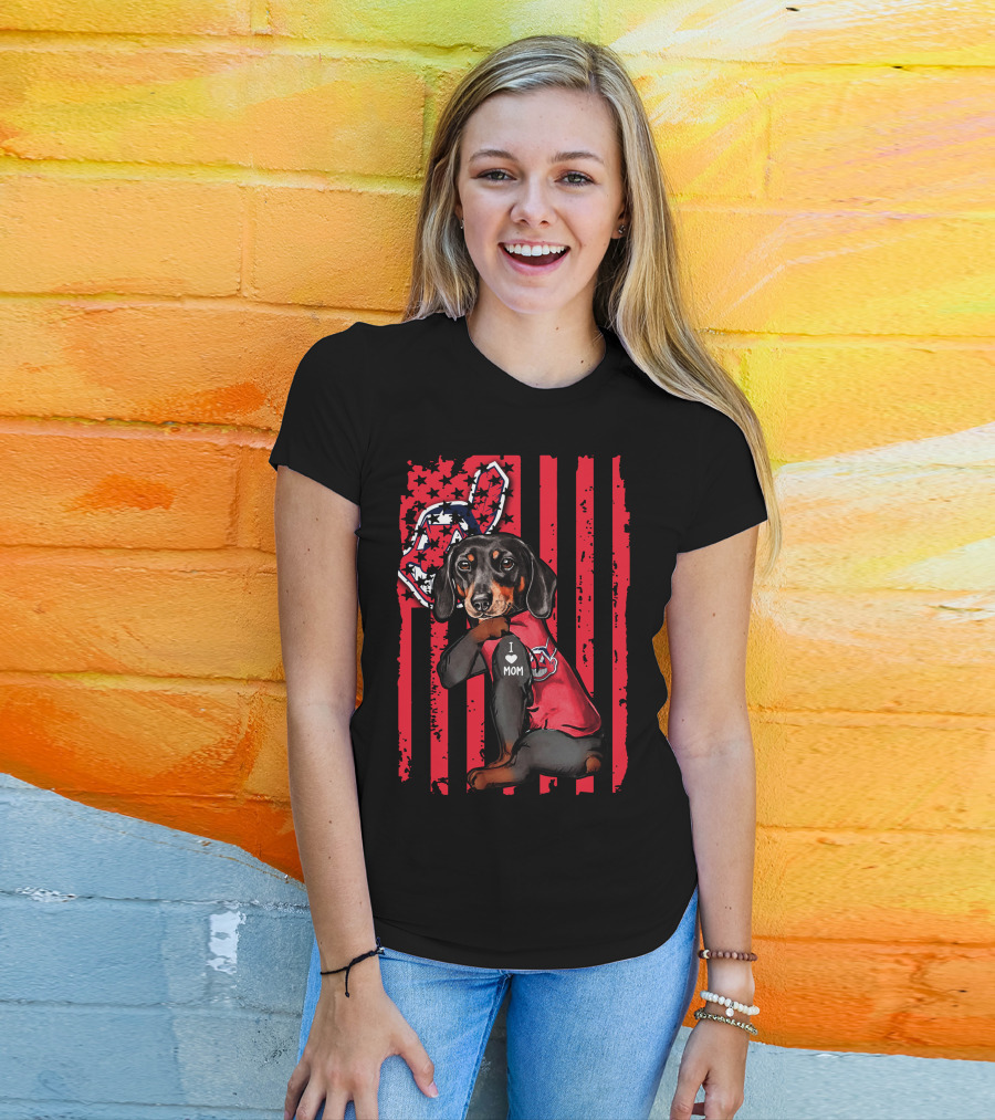 Dachshund With Baseball Team Logo And I Love Mom Patch On Red Stripes T-Shirt