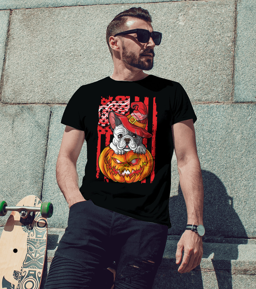 Hlw Bulldog Detroit Red Wings Witch Hat Pumpkin Halloween T-Shirt
