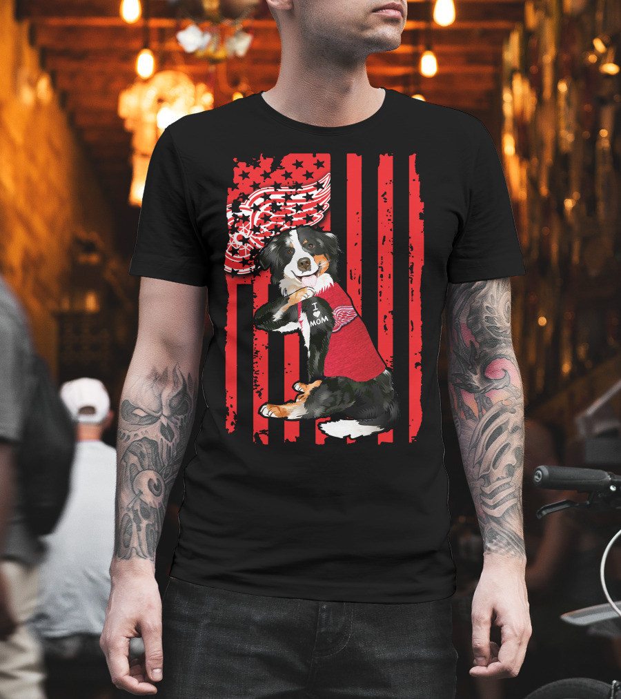 Border Collie I Love Mom Detroit Red Wings USA Flag T-Shirt
