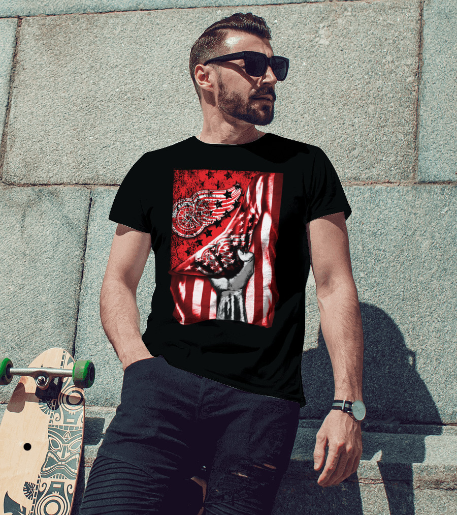 Detroit Red Wings American Flag Fist Star Graphics T-Shirt