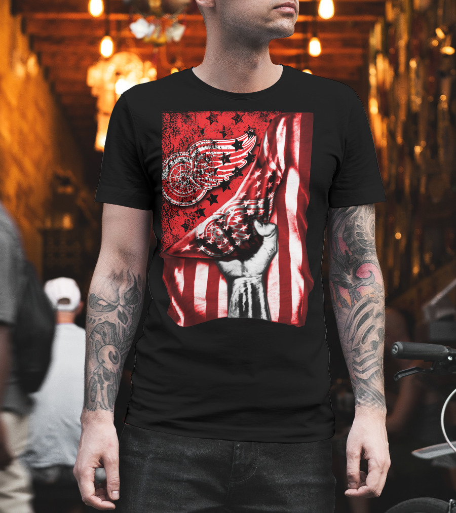 Detroit Red Wings American Flag Fist Star Graphics T-Shirt