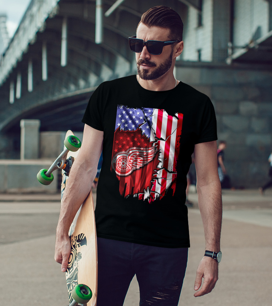 Flag Stars And Stripes Detroit Red Wings Winged Wheel T-Shirt