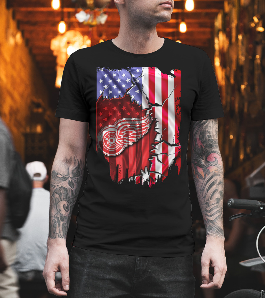 Flag Stars and Stripes Detroit Red Wings Winged Wheel T-Shirt