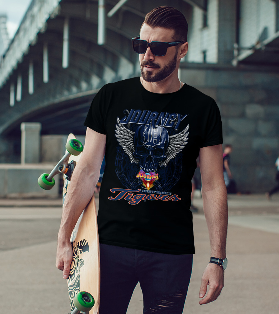 Journey Detroit Tigers Skull Wings Flame T-Shirt