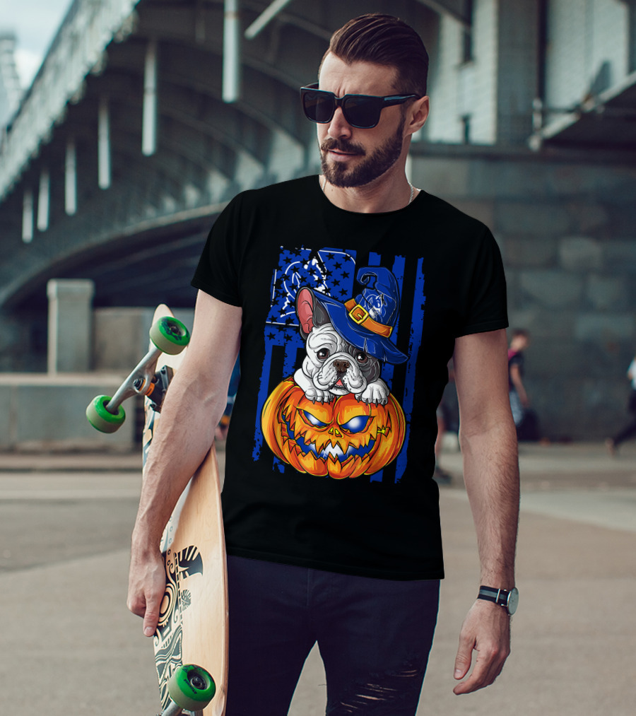 Hlw Bulldog On Duke Blue Devils Themed Halloween Pumpkin With Wizard Hat T-Shirt