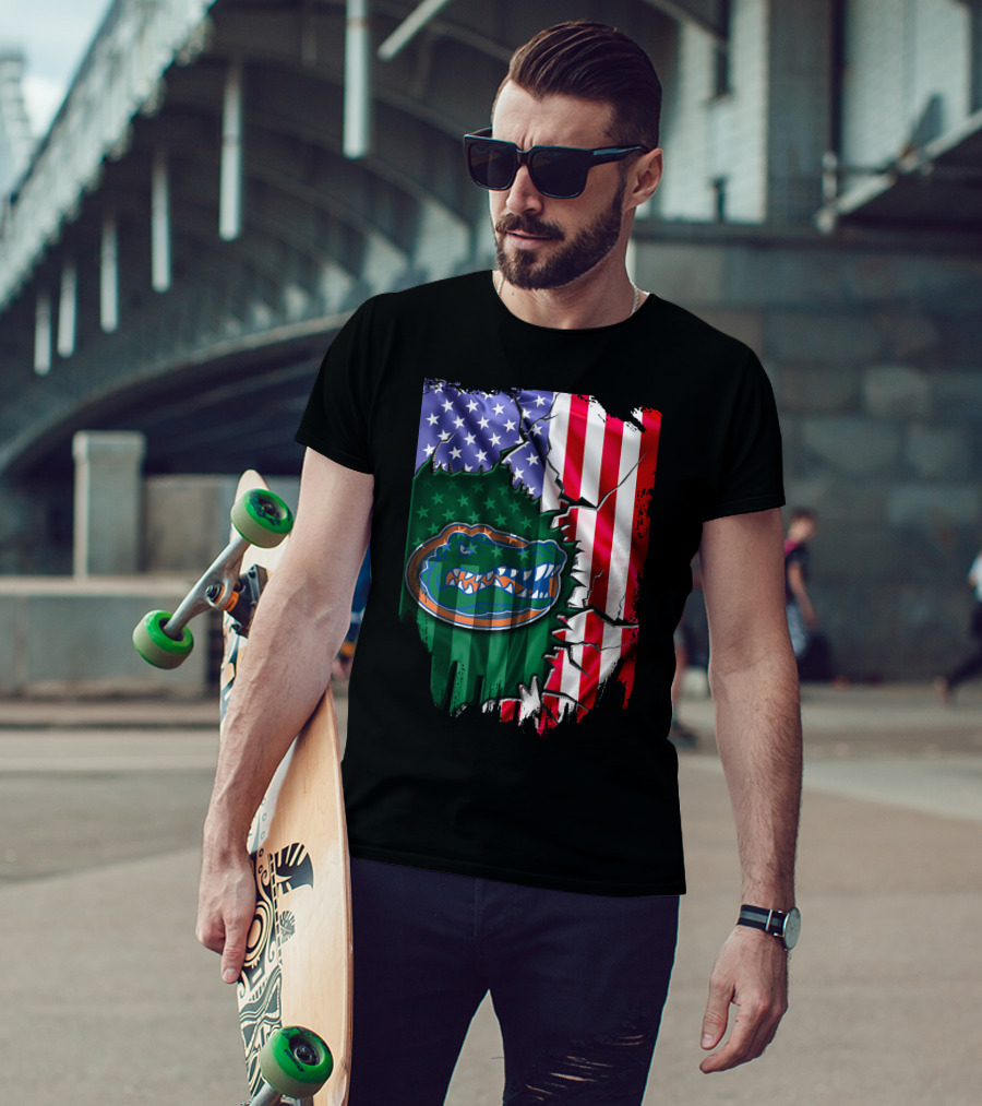 United States Flag Ripped With Florida Gators T-Shirt