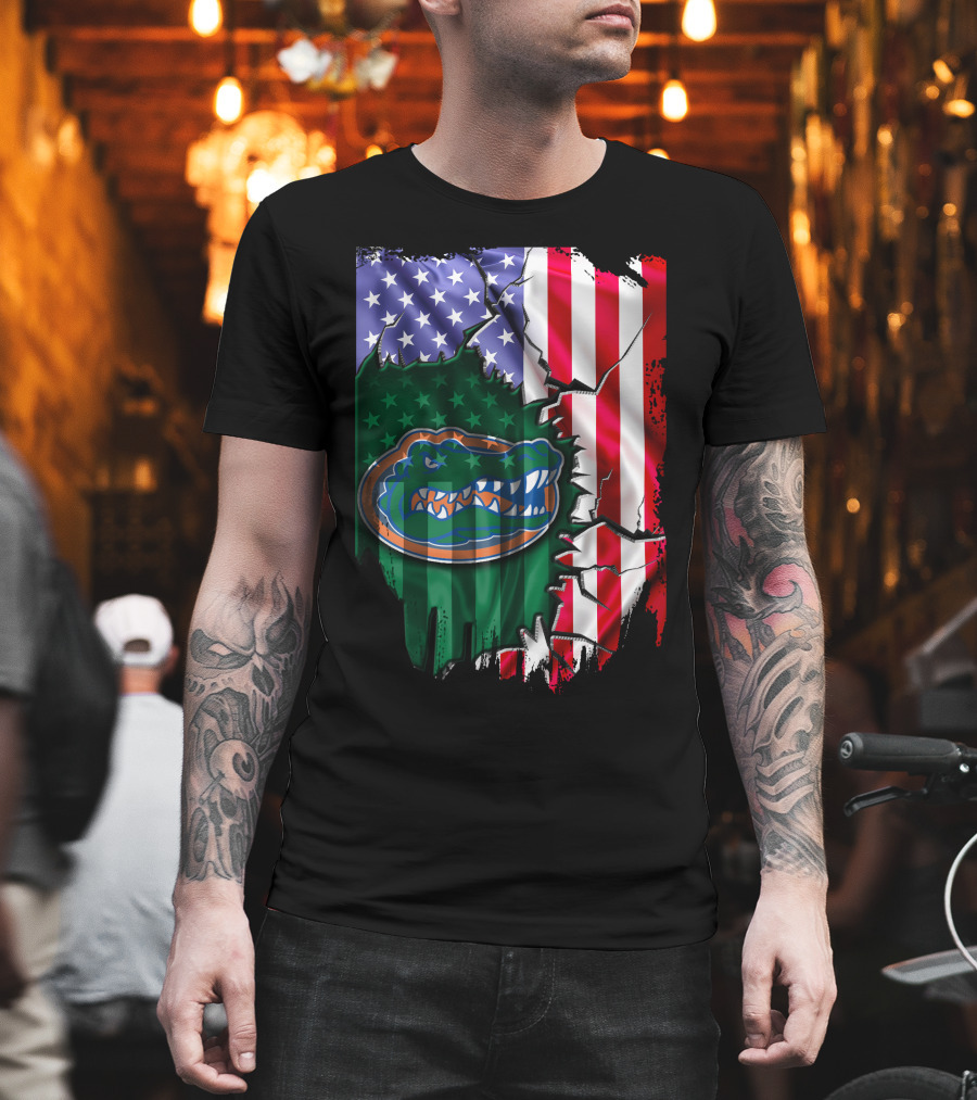 United States Flag Ripped With Florida Gators T-Shirt
