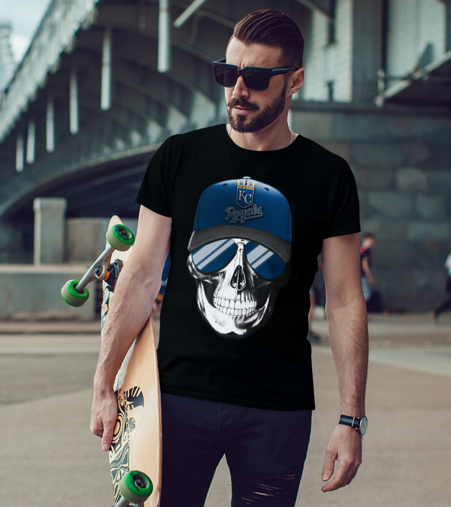 Skull With Kansas City Royals Baseball Cap And Sunglasses T-Shirt