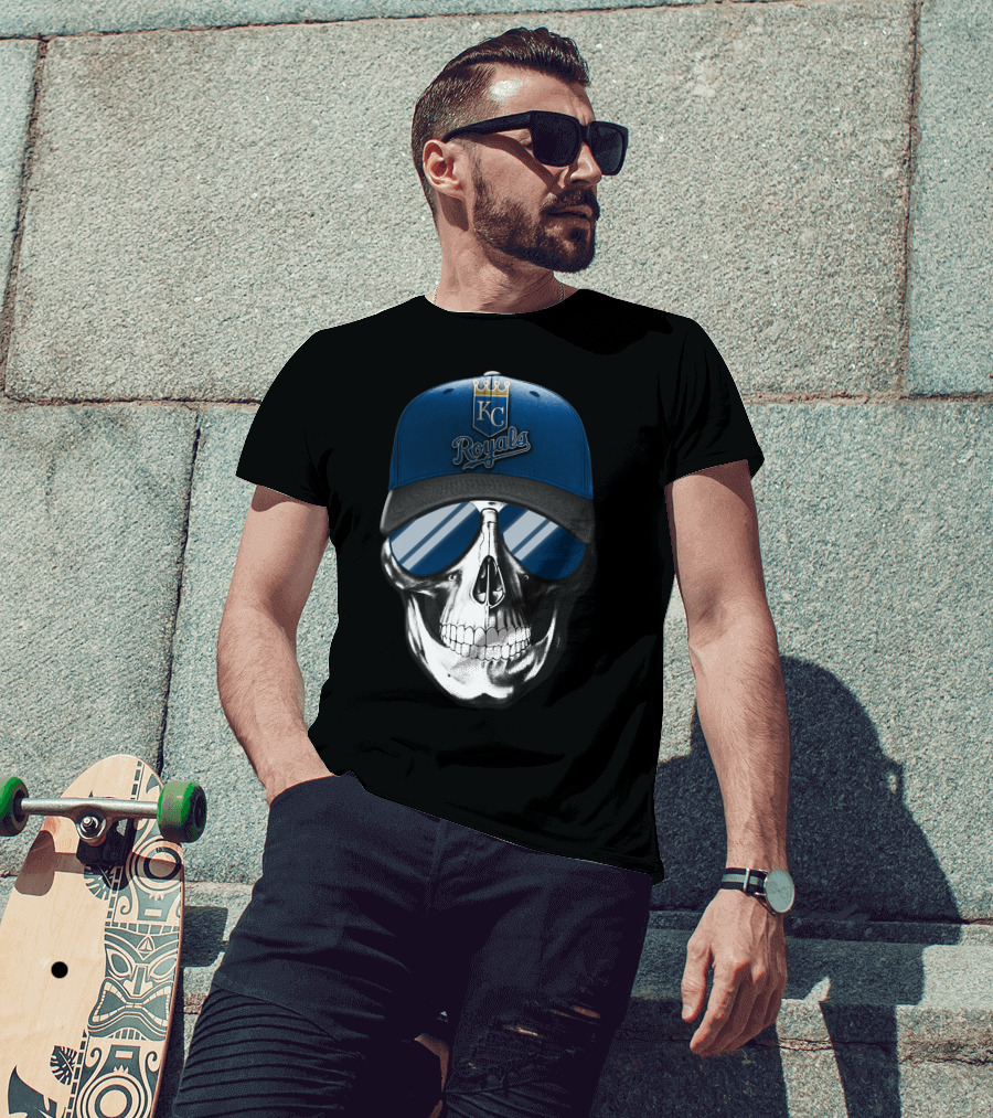 Skull With Kansas City Royals Baseball Cap And Sunglasses T-Shirt