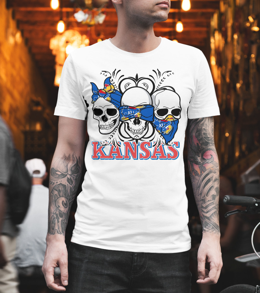 Kansas Jayhawks Skulls Bandana T-Shirt