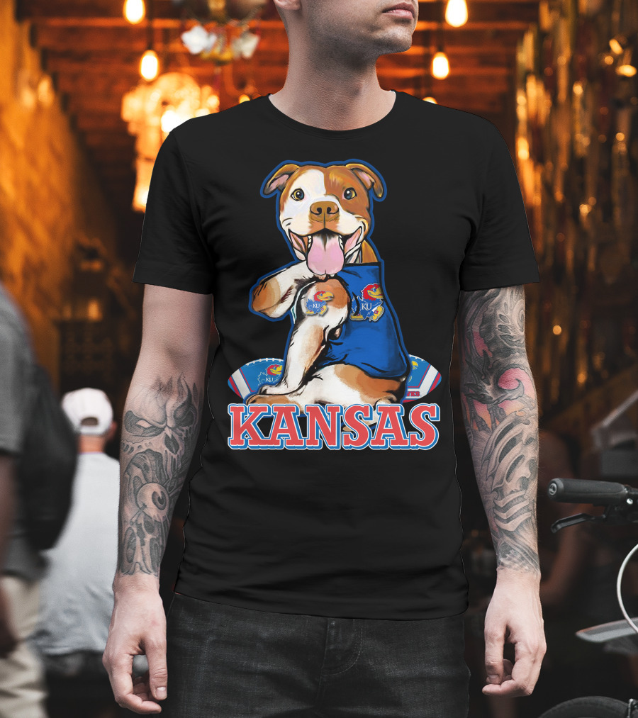 Kansas Pitbull Mascot with Jayhawks Football T-Shirt