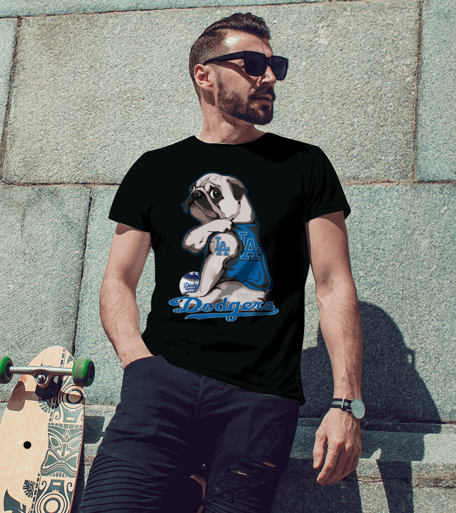 Pug Los Angeles Dodgers Mascot With Baseball And LA Insignia T-Shirt