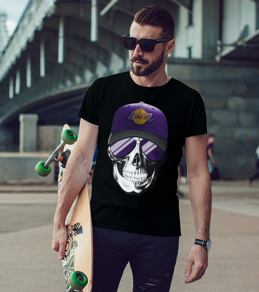 Los Angeles Lakers Skull With Purple Hat And Sunglasses T-Shirt