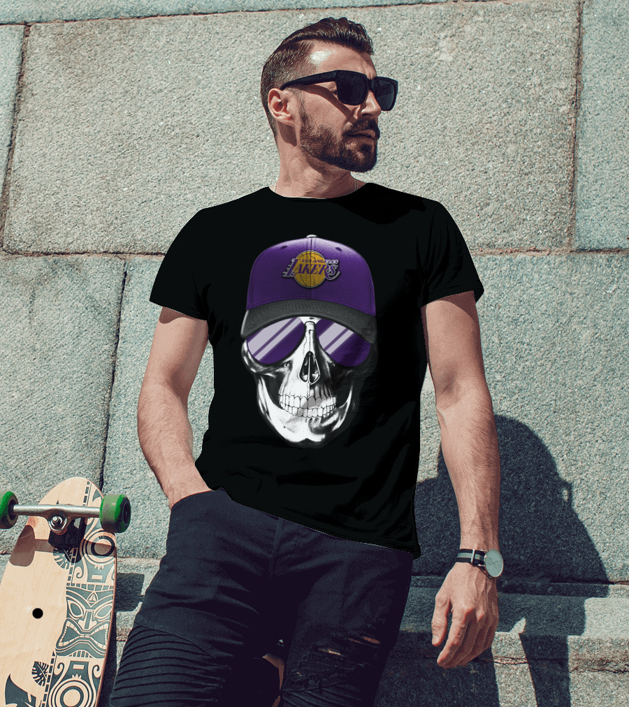 Los Angeles Lakers Skull With Purple Hat And Sunglasses T-Shirt