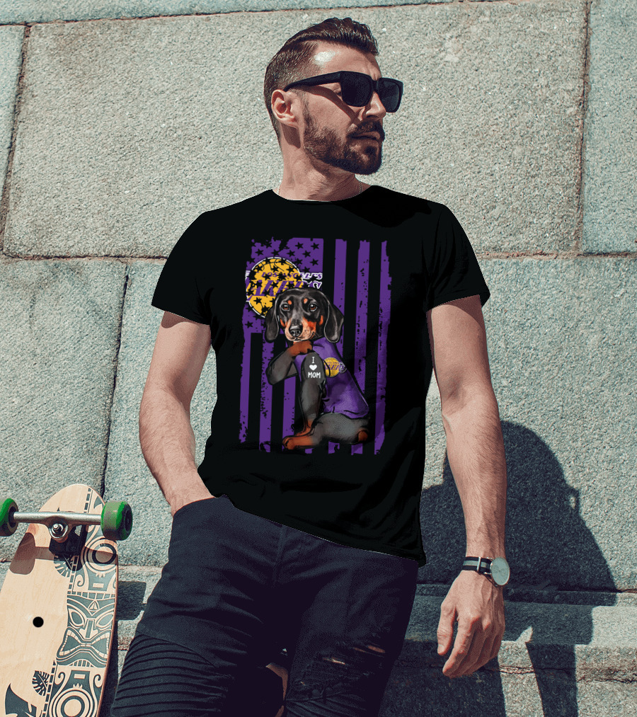 Dachshund I Love Mom Los Angeles Lakers Purple Basketball Team Fan T-Shirt