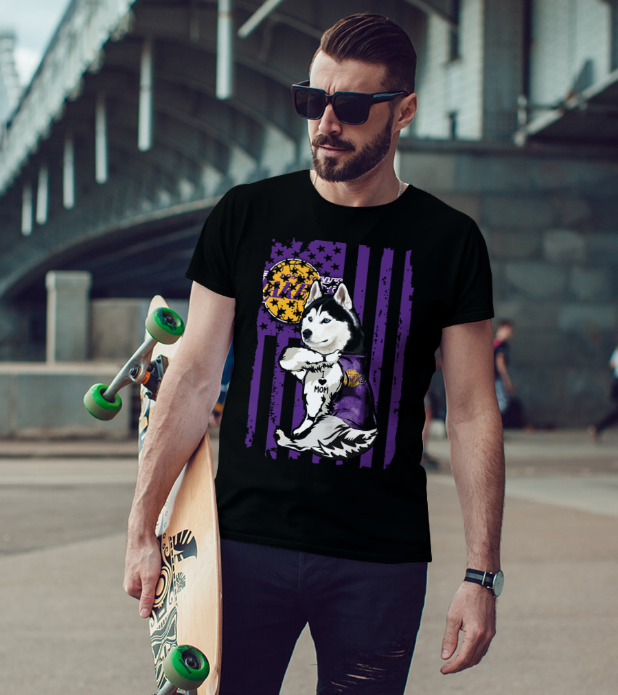 Siberian Husky Mom Los Angeles Lakers Fan With Purple American Flag Background T-Shirt