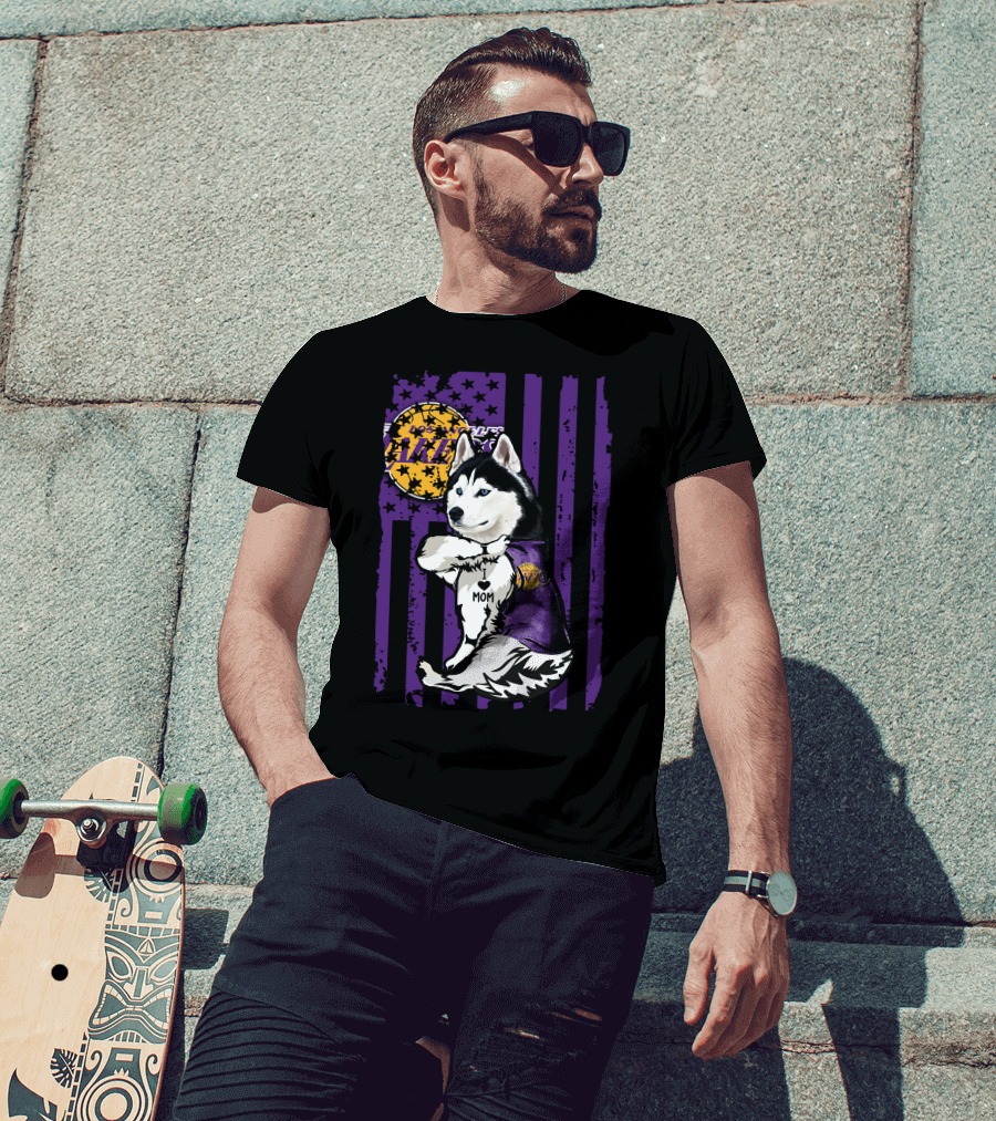 Siberian Husky Mom Los Angeles Lakers Fan With Purple American Flag Background T-Shirt