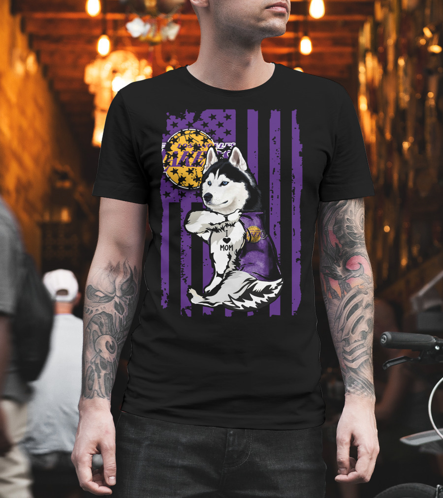 Siberian Husky Mom Los Angeles Lakers Fan with Purple American Flag Background T-Shirt
