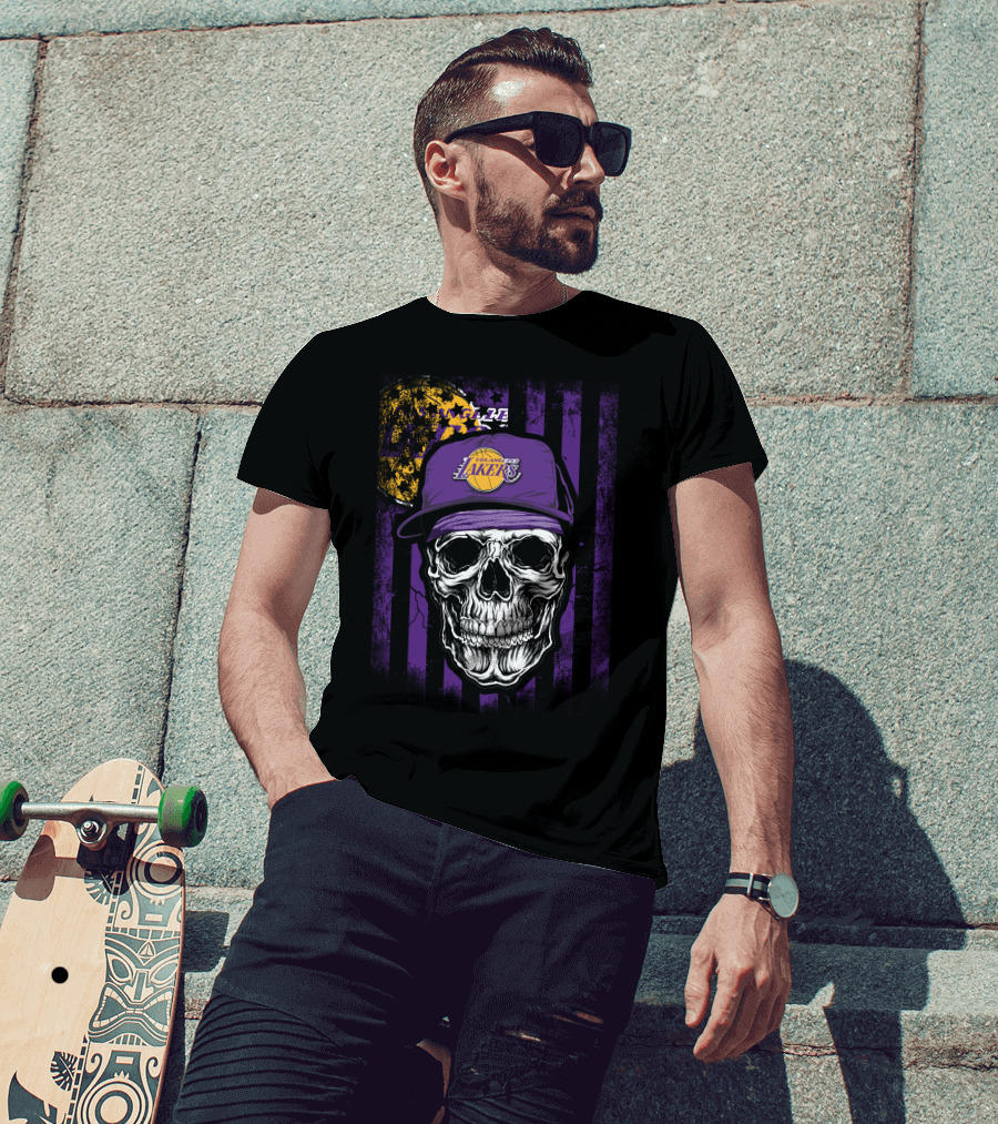 Los Angeles Lakers Skull Cap Bold Gothic T-Shirt