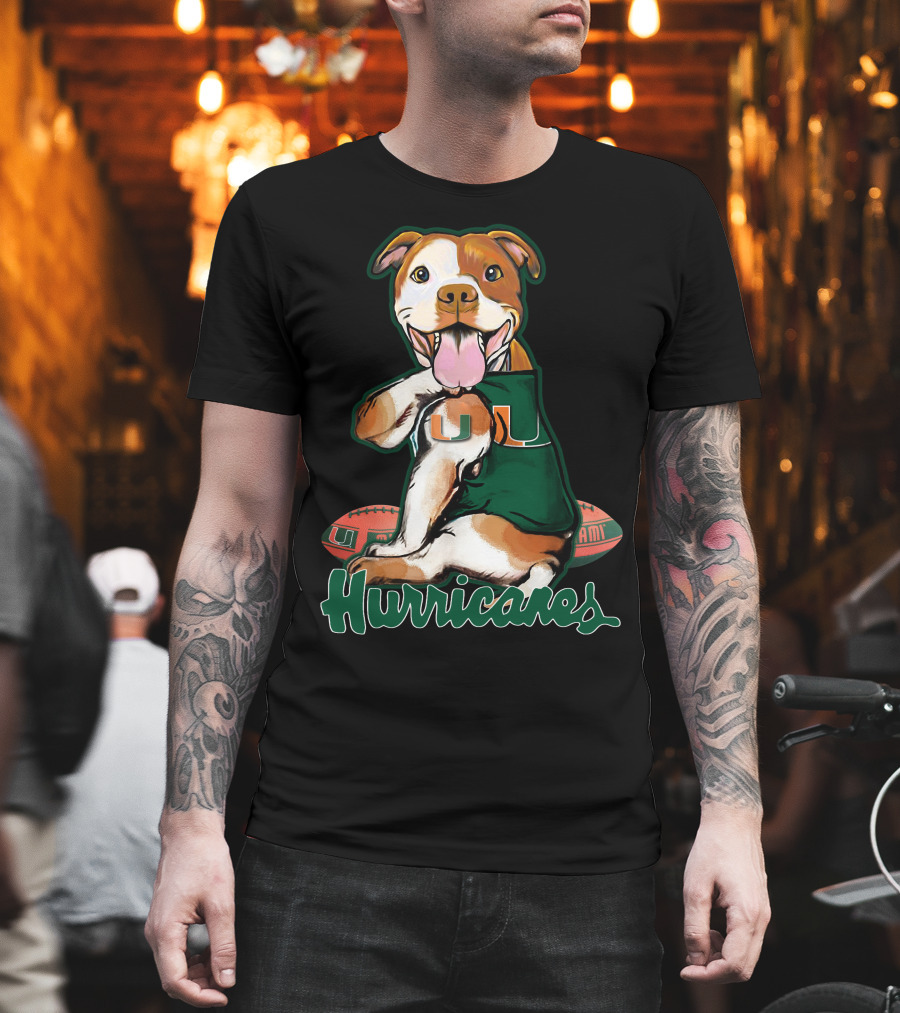 Pittbull Wearing Miami Hurricanes U Jersey With Football T-Shirt