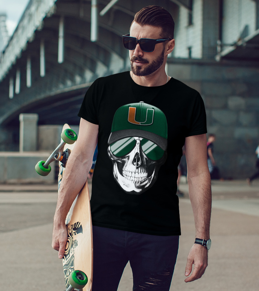 Miami Hurricanes Skull Cap With Reflective Sunglasses T-Shirt