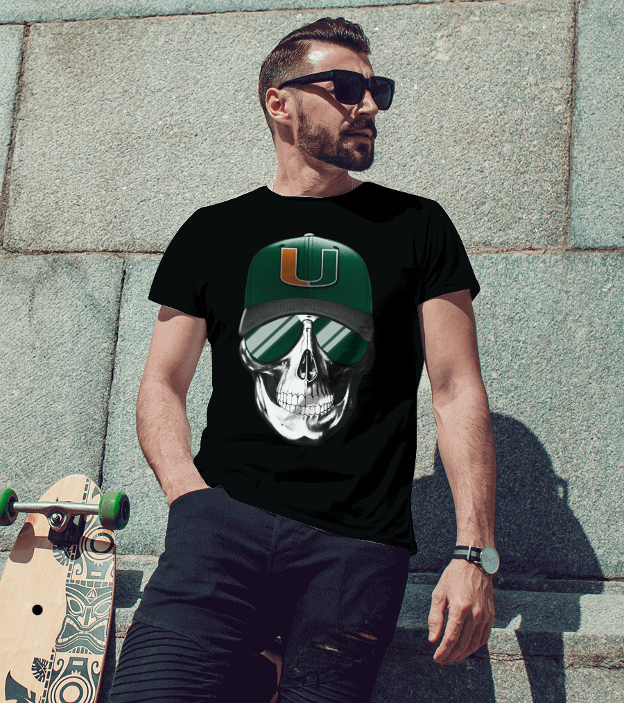 Miami Hurricanes Skull Cap With Reflective Sunglasses T-Shirt