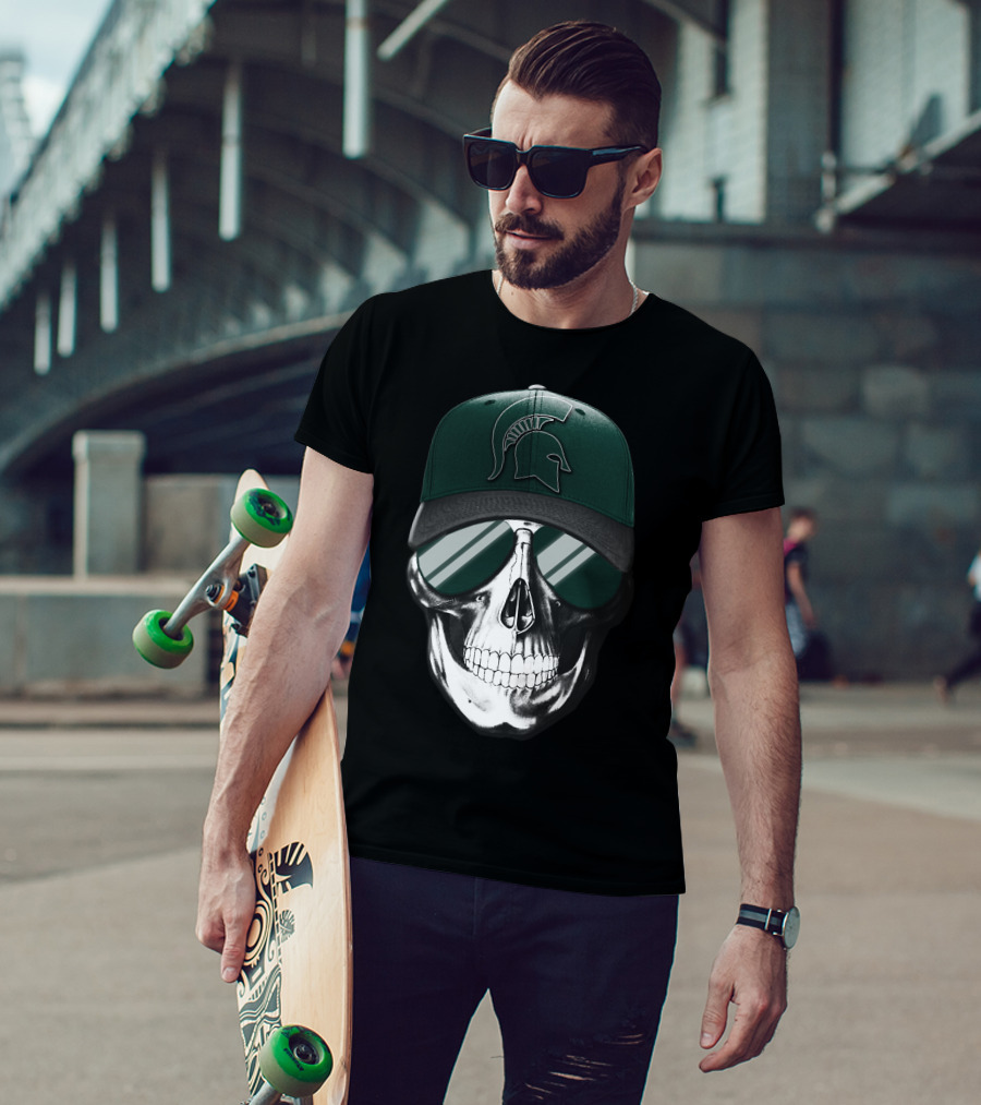 Skull With Hat Featuring Michigan State Spartans Helmet T-Shirt