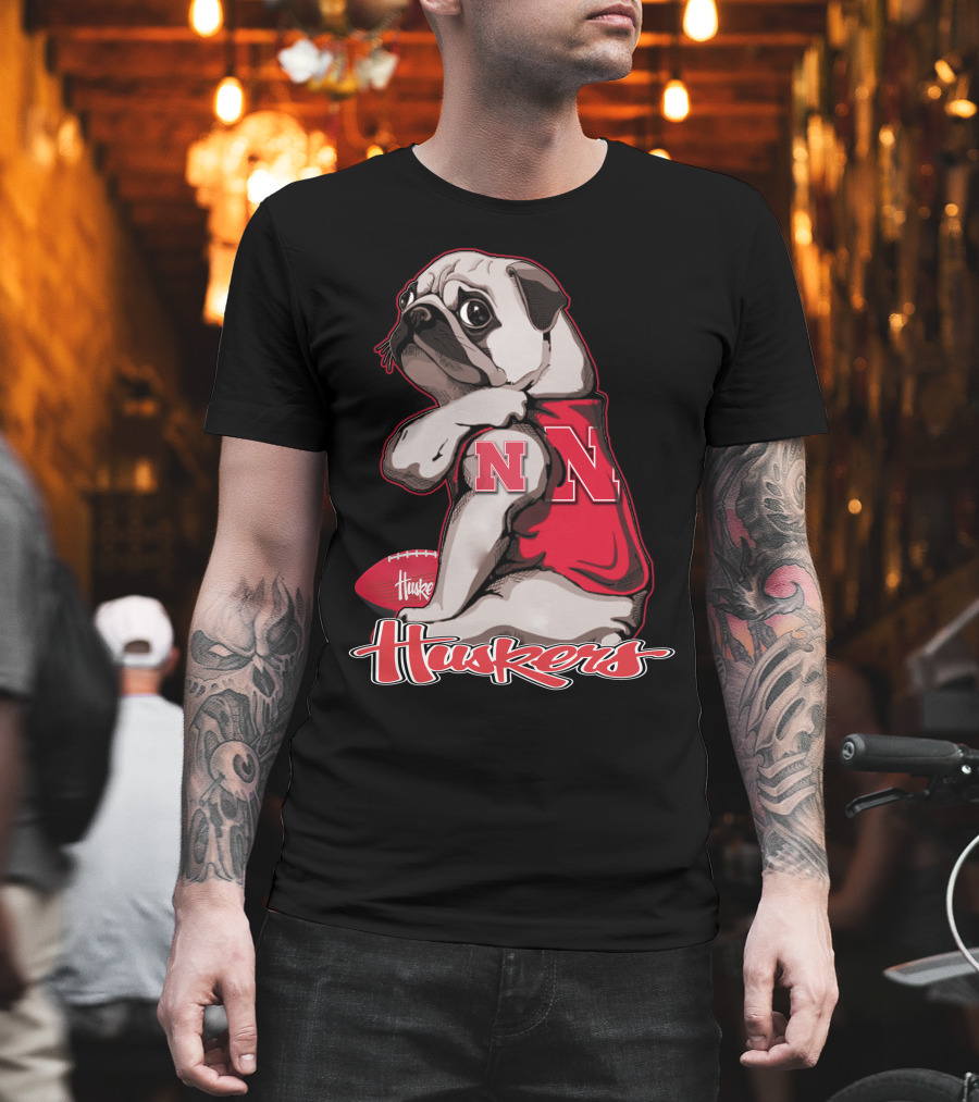 Pug Wearing Nebraska Cornhuskers Shirt and Football Huskers T-Shirt