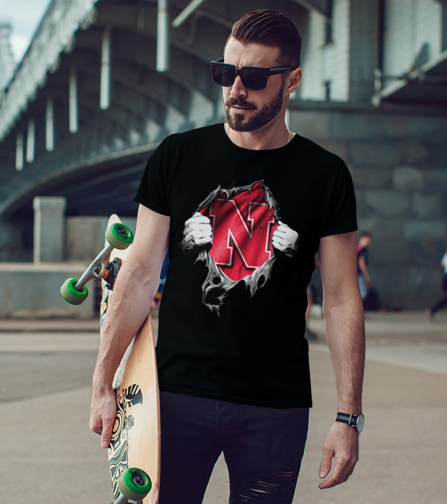 Torn Nebraska Huskers Bold N Emblem Peeking Through Ripped T-Shirt