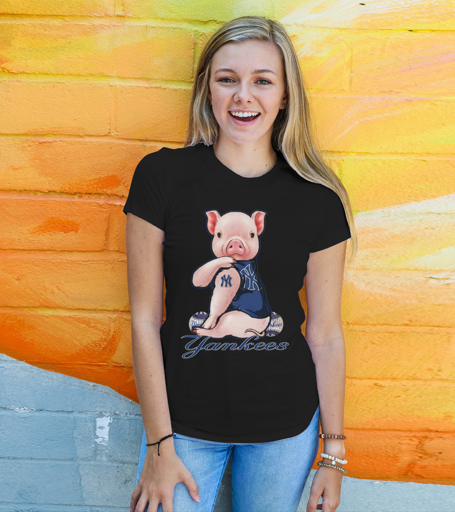 Pig Yankees Baseball Fan With NY Tattoo T-Shirt