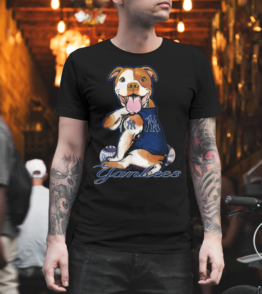 Pittbull Yankees Dog With New York Yankees Baseball Elements T-Shirt