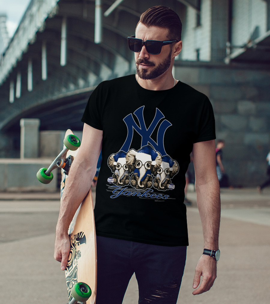 Elephant Xmas New York Yankees Blue Santa Hat Trio T-Shirt