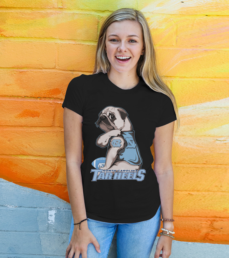 Pug Wearing North Carolina Tar Heels Sports Jersey With Football T-Shirt
