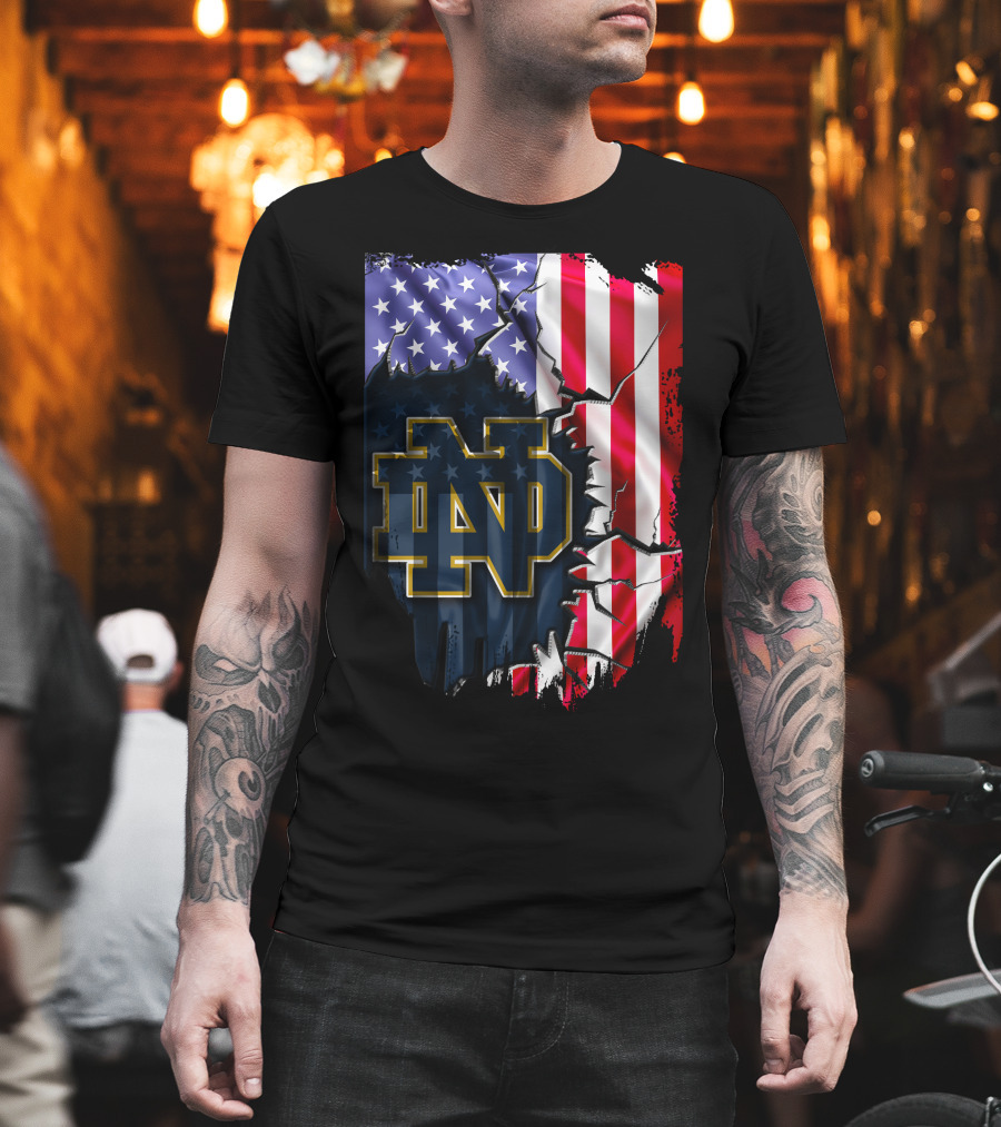 American Flag with Notre Dame ND Monogram Fighting Irish T-Shirt