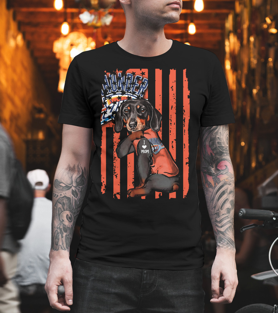 Dachshund Wearing Oklahoma City Thunder Shirt With I Love Mom Tag T-Shirt